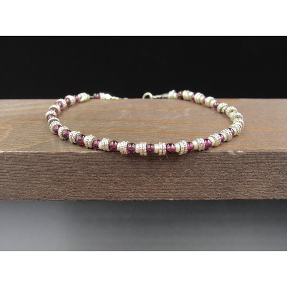 7 Inch Sterling Silver Small Garnet Orbs And White Pearls Bracelet - Picture 1 of 6